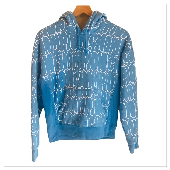 Champion Reverse Weave Bubble Script Blue Hooded Sweatshirt Size Medium - Picture 5 of 8